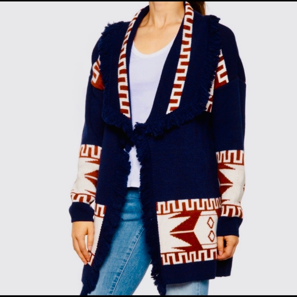 CocoGio Made in Italy Aztec Fringed Wool Blend Cardigan Sweater- Small